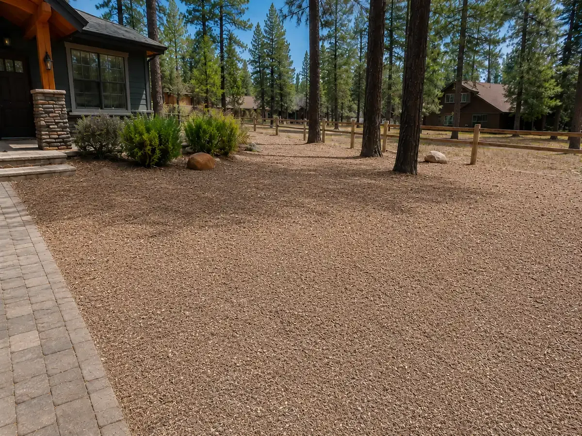 The same yard with pine needles and cones cleared after cleanup