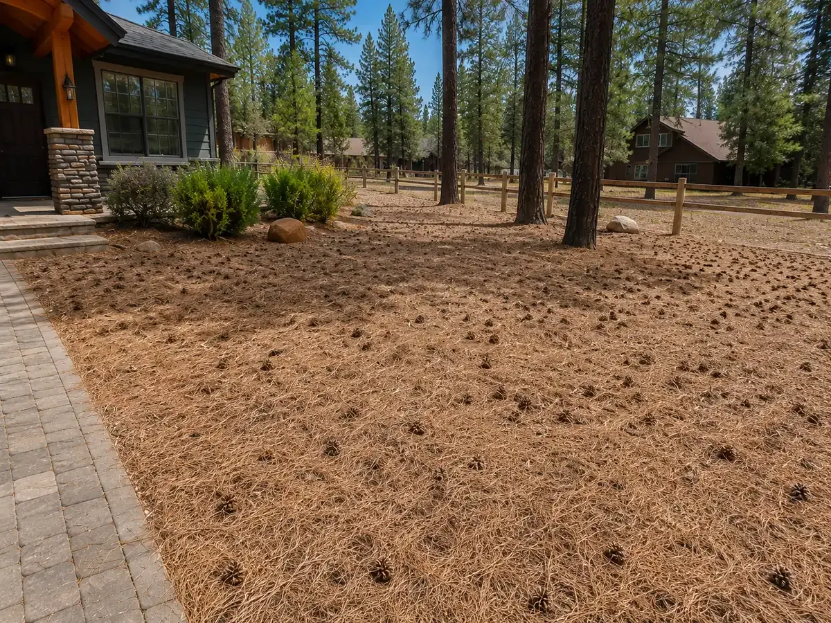 Yard with heavy pine needle and pine cone buildup before cleanup